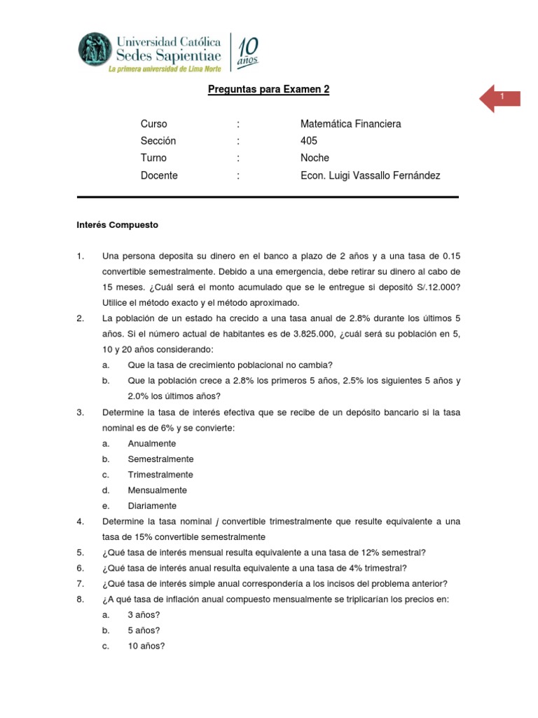 Preguntas Examen Matemática Financiera | PDF | Interés | Tasas de interés