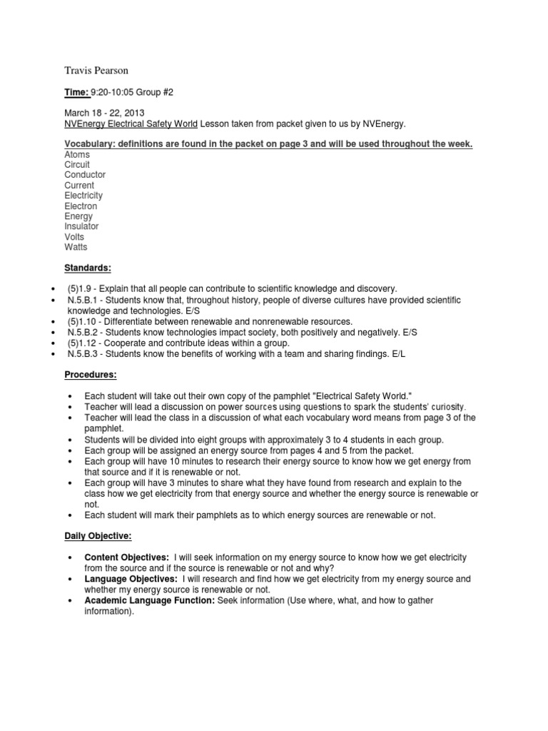 Science Lesson Plan On Electricity Pdf