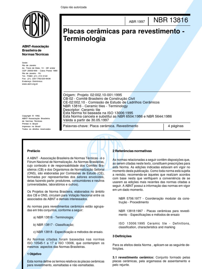 NBR 13816-1997 (ISO 13006-1995) Placas Cerâmicas para Revestimento ...