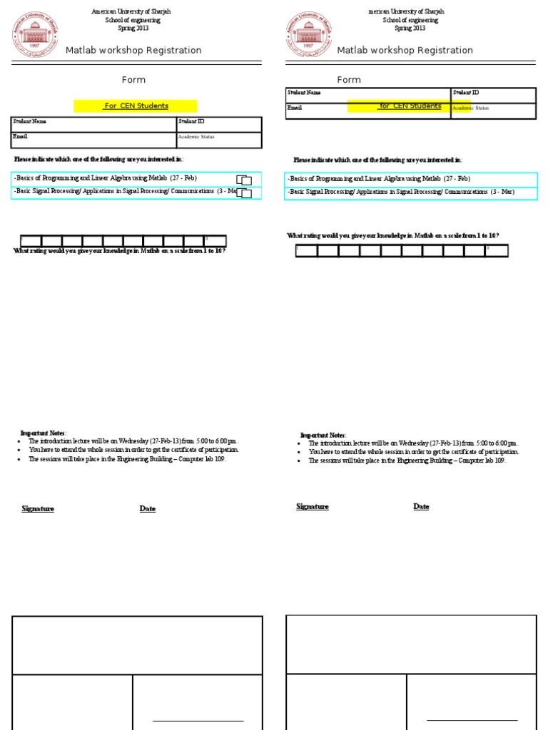 Matlab Workshop Registration Form | PDF