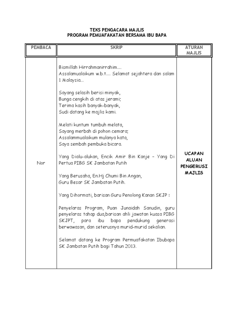 Teks Pengacara Majlis Pemuafakat Bersama Ibu Bapa Pdf