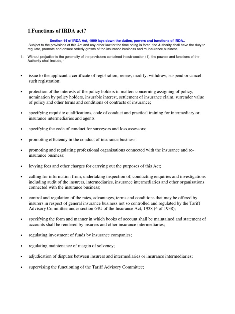 Section 14 of IRDA Act, 1999 Lays Down The Duties, Powers and Functions of IRDA. PDF