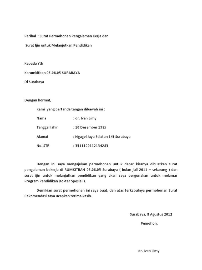 Surat Rekomendasi Pengalaman Kerja