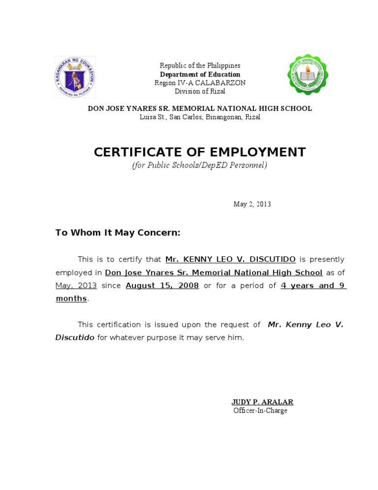 Certificate of Employment