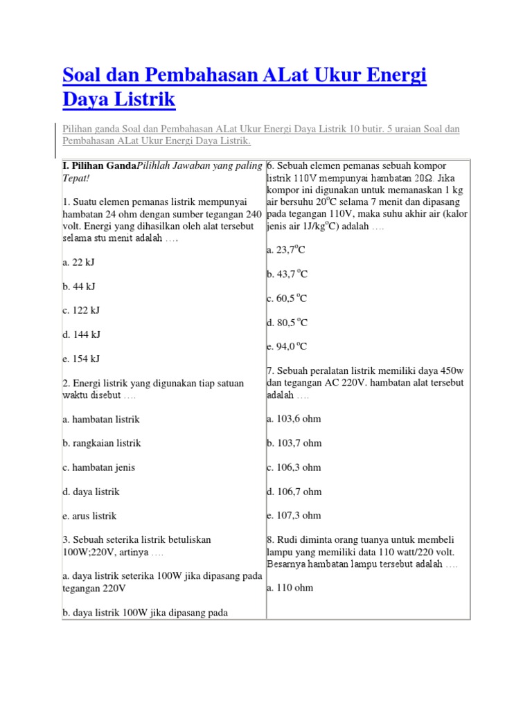Soal Dan Pembahasan ALat Ukur Energi Daya Listrik PDF