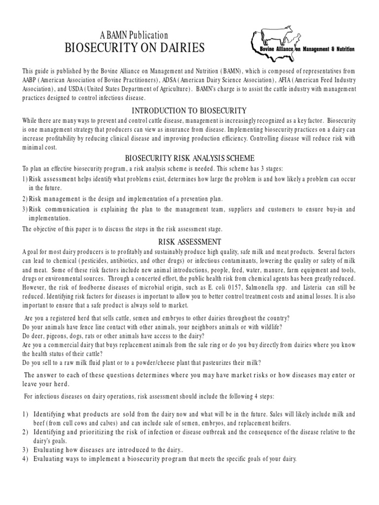 Biosecurity Risk Assessment for Dairies | PDF | Dairy Cattle | Risk ...
