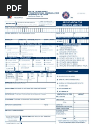 Application for Driver's License Form