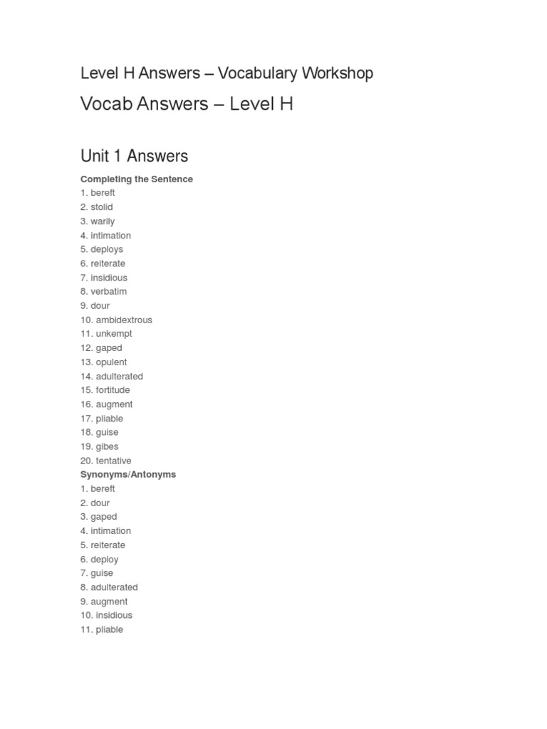 Level H Answers Voary Workshop Pdf Philology Language Arts Discipline