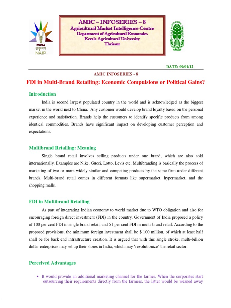 FDI in MultiBrand Retailing Economic Compulsions or Political Gains