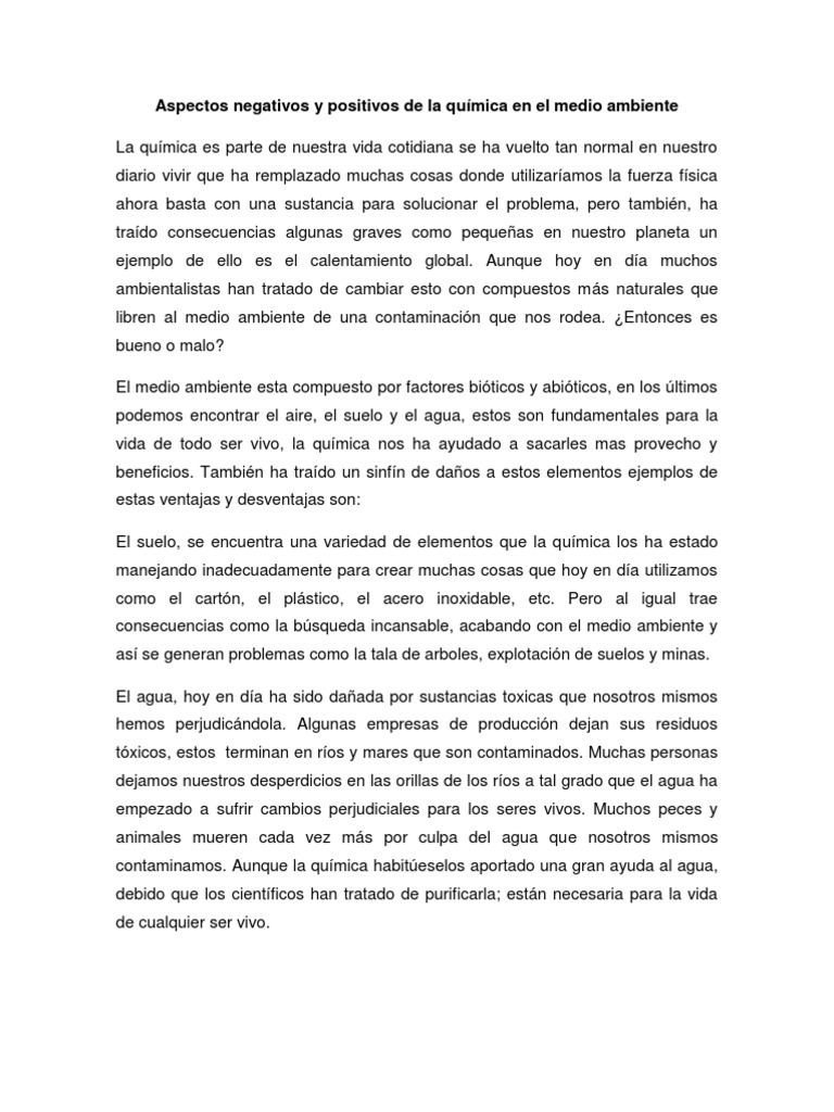 Aspectos Negativos y Positivos de la química en el medio