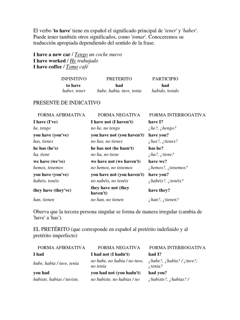Uso Y Significados Del Verbo to Have PDF Artes Del Lenguaje Y 