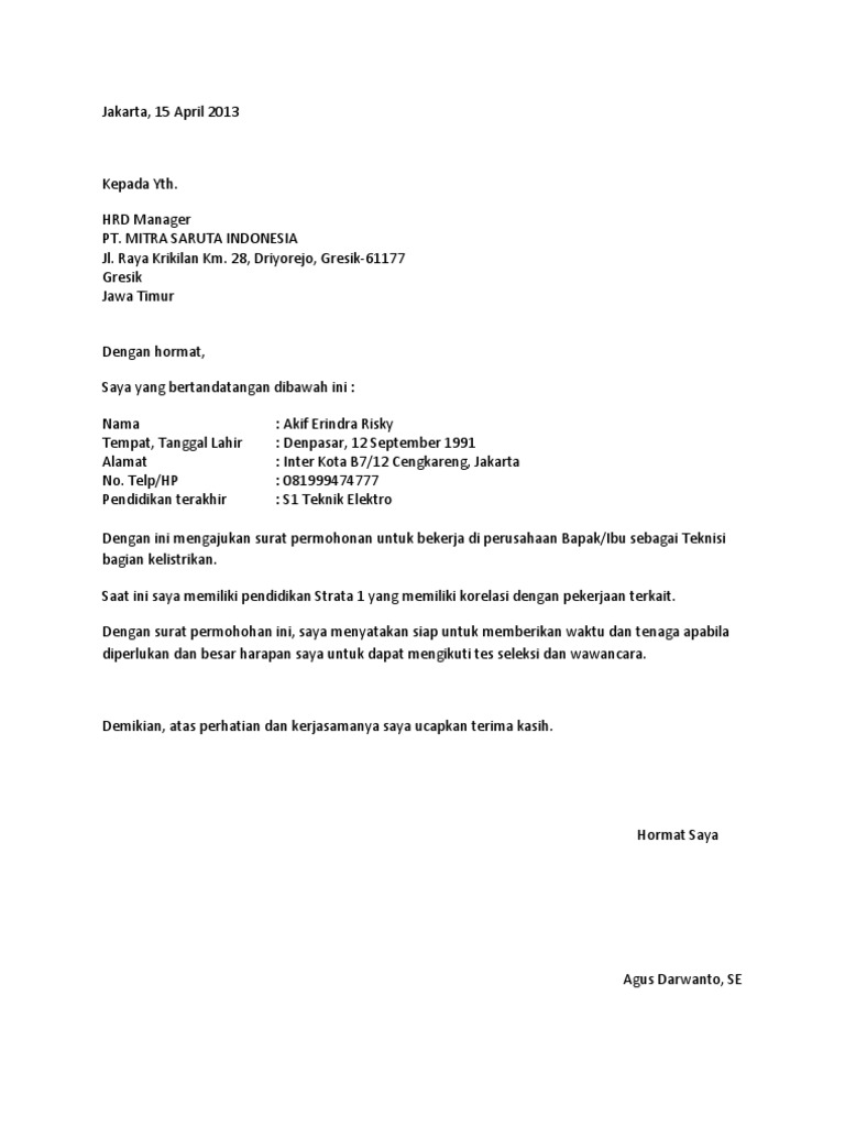 Contoh Surat Lamaran Kerja