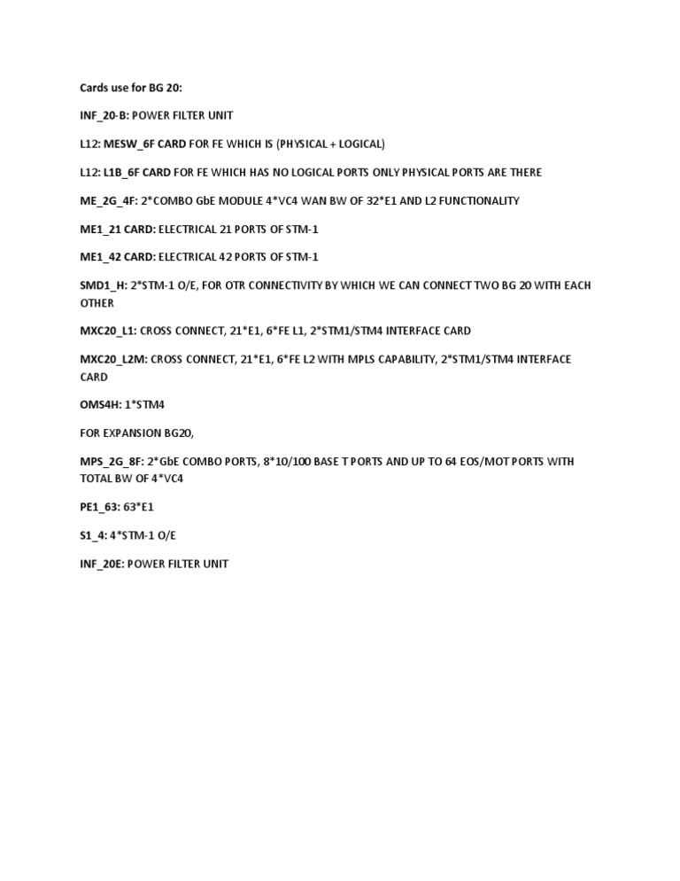 BG 20 Card Specifications Overview | PDF