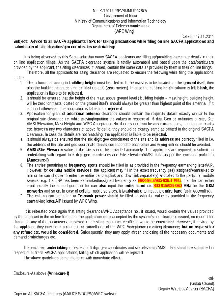 Circular Dated 17 11 2011 To SACFA Applicants PDF Wireless Telecommunications
