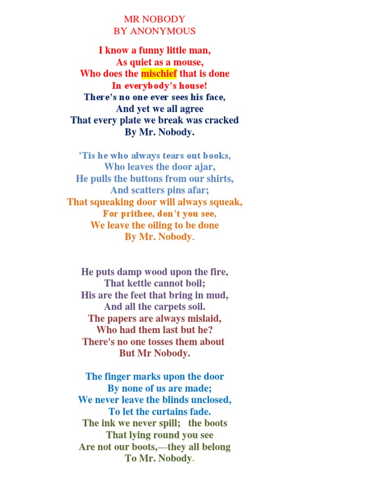 MR NOBODY Literature Form 1 | PDF | Poetry