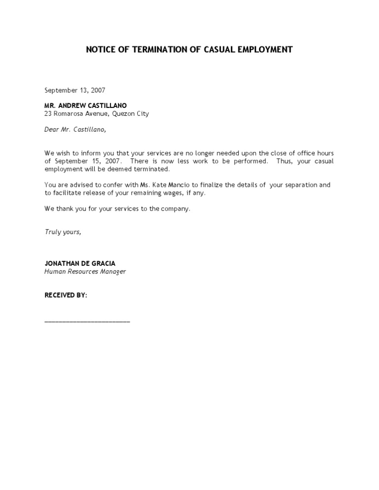 Notice of Termination of Casual Employment PDF