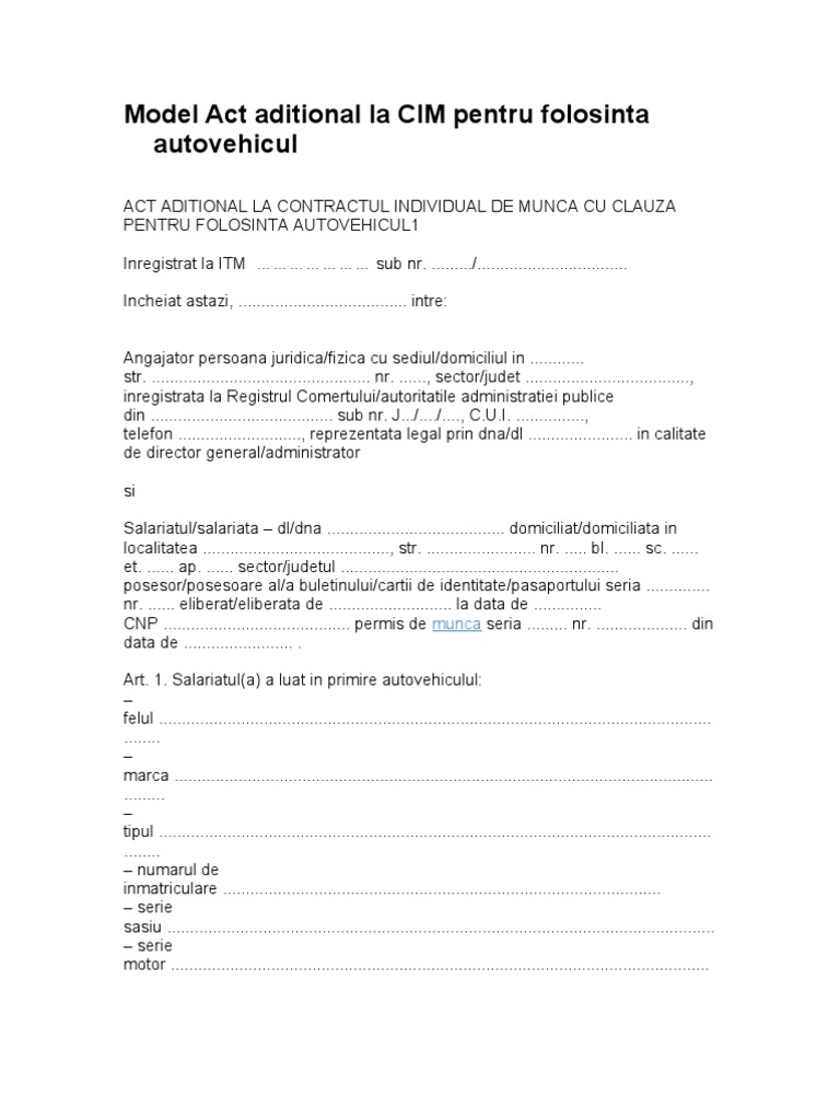 Model Act Aditional La CIM Pentru Folosinta Autovehicul | PDF