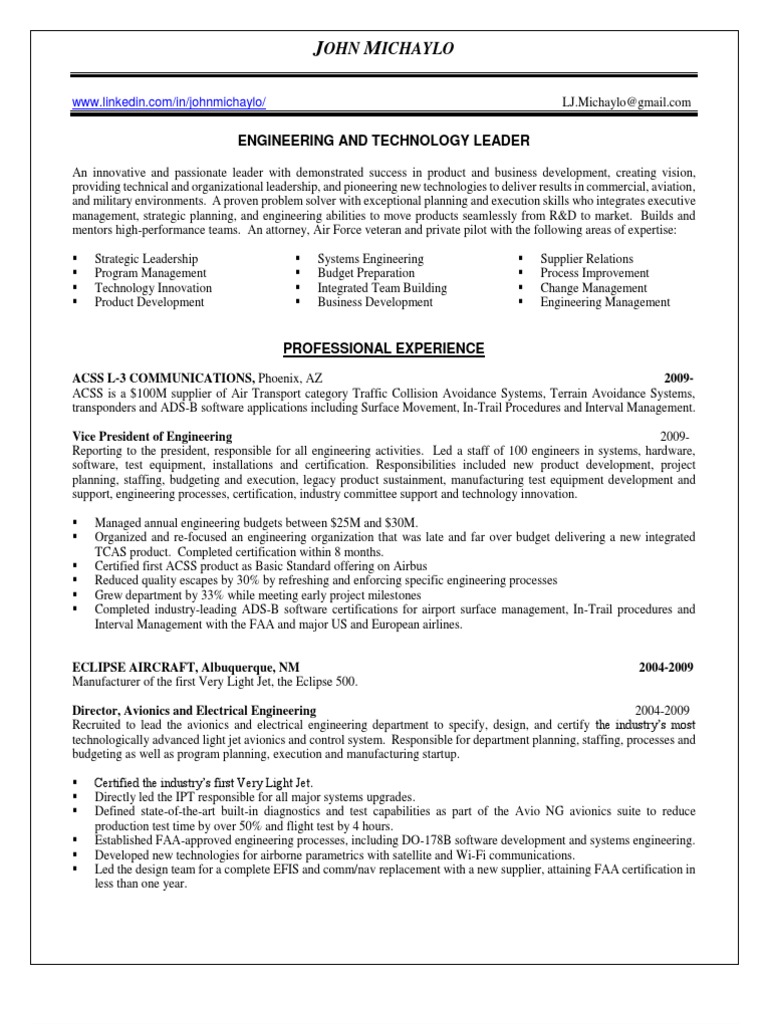 VP Engineering Project Management in Phoenix AZ Resume John Michaylo