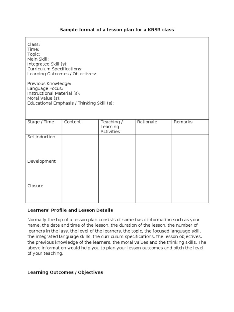 KBSR Lesson Plan Format Guide | PDF | Lesson Plan | Curriculum