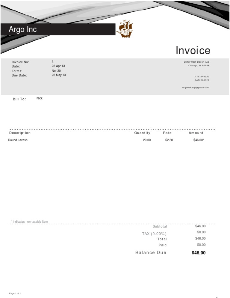 Invoice for Argo Bakery Purchase | PDF