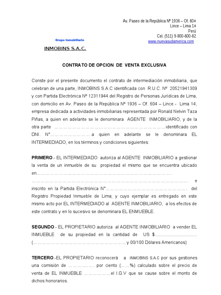 Modelo de Contrato Opcion Venta Exclusiva