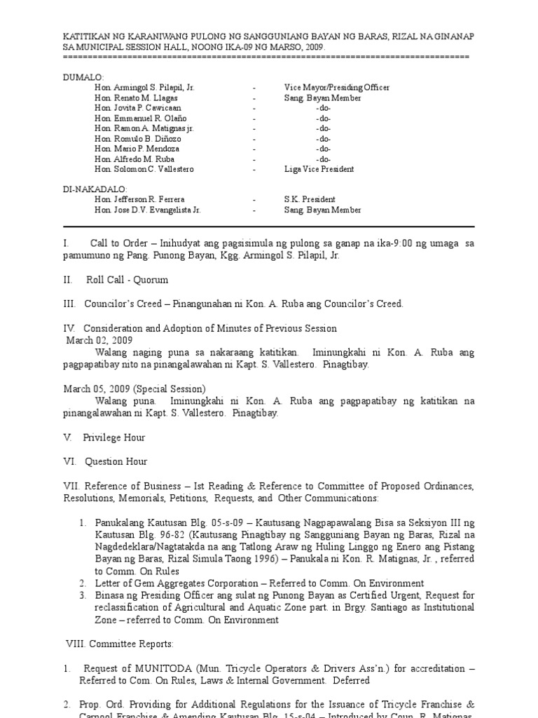 Minutes of The SB Regular Session, 9 March 2009