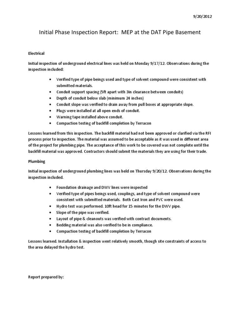 Initial Phase Inspection Report: MEP | PDF