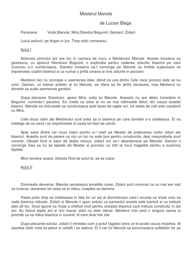 Mesterul Manole De Lucian Blaga Rezumat Pe Acte