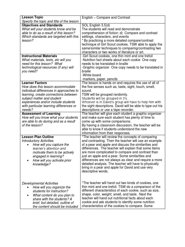 Lesson Topic Download Free PDF Visual Impairment Lesson Plan