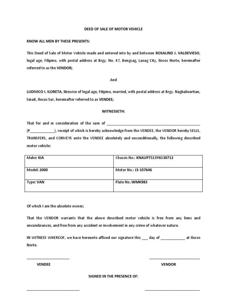 Deed of Sale of Motor Vehicle | PDF | Deed | Document