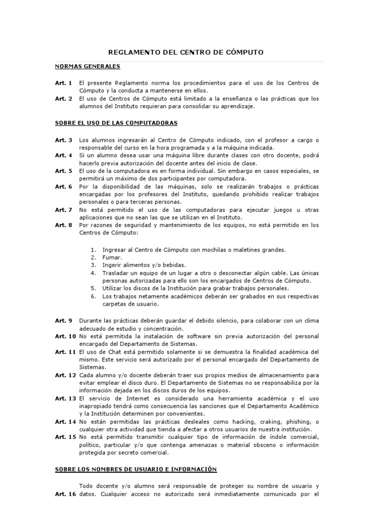 REGLAMENTO DEL CENTRO DE CÓMPUTO.docx | Contraseña | Archivo de computadora