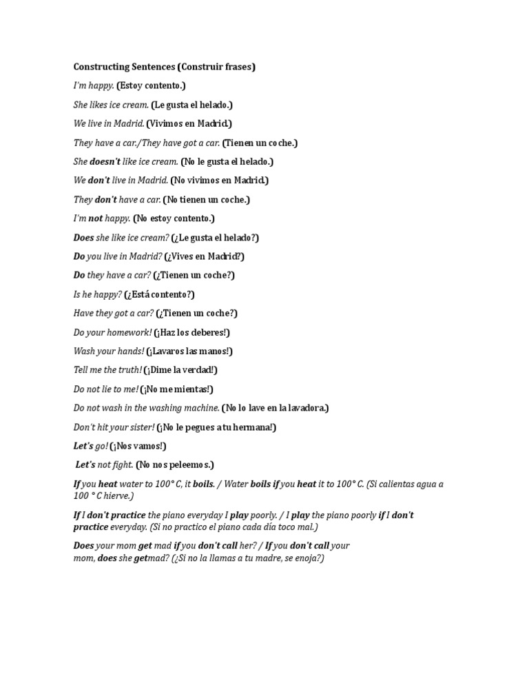 Basic Sentence Construction Examples | PDF