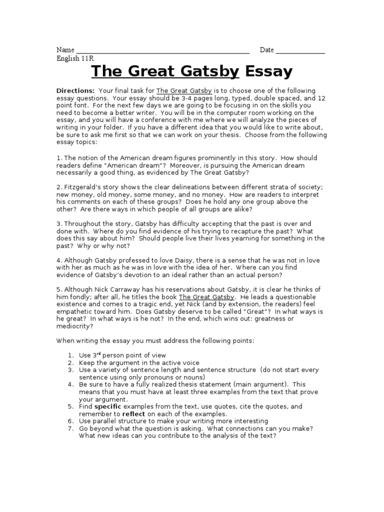 essays on great gatsby