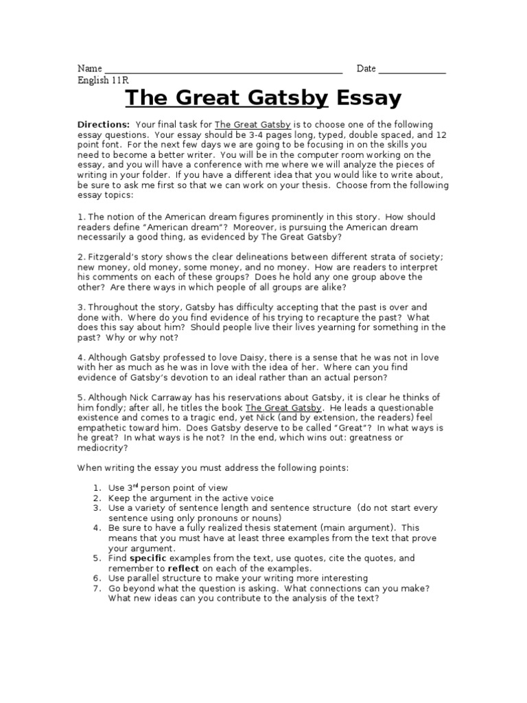The Great Gatsby Final Essay The Great Gatsby American Dream