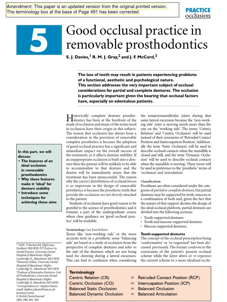 Good Occlusal Practice in Removable Prosthodontics PDF Dentures