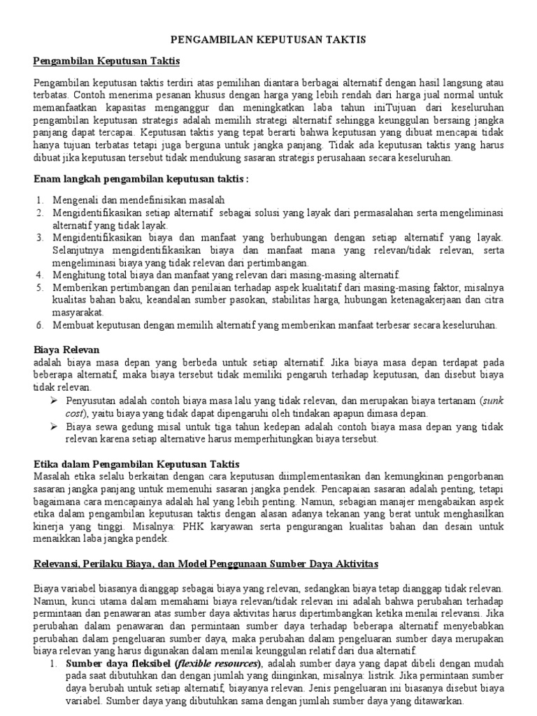 Contoh Soal Pengambilan Keputusan Taktis Dan Penyelesaiannya