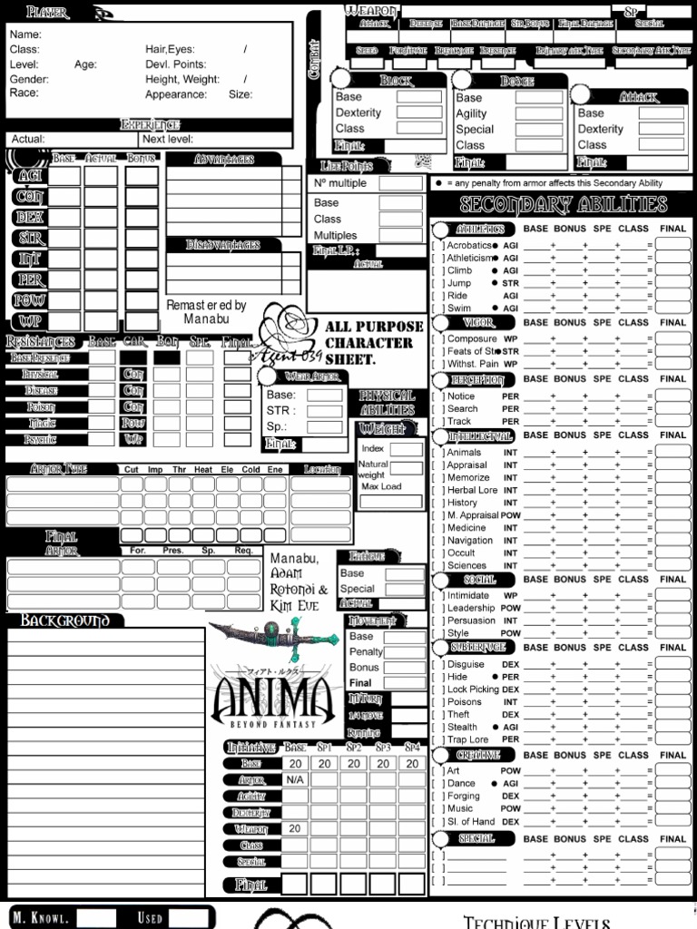 Anima Complete Character Sheet Editable