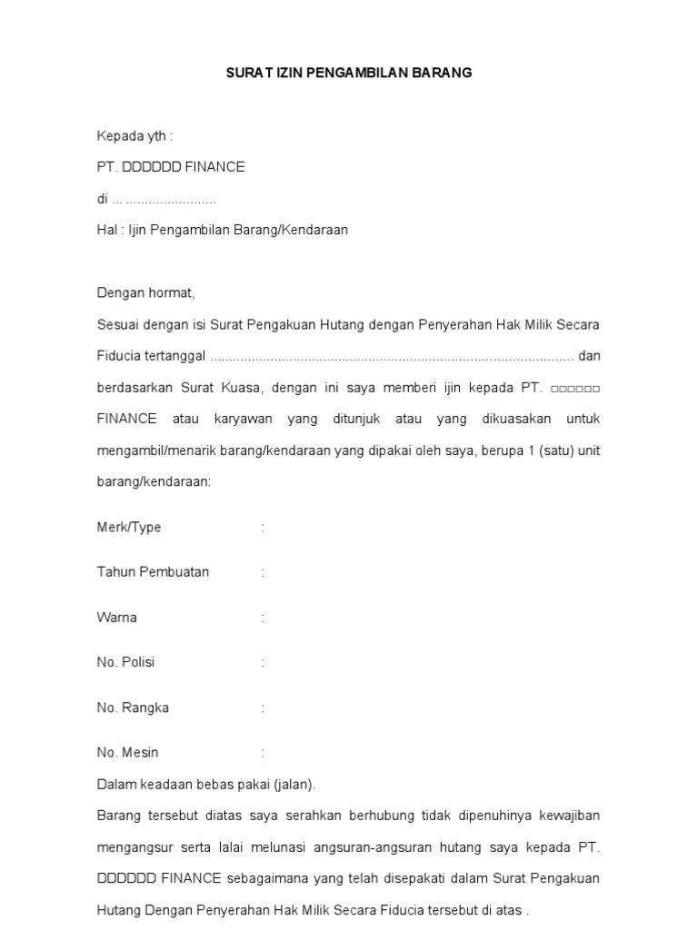 Contoh Surat Penarikan Barang Inventaris