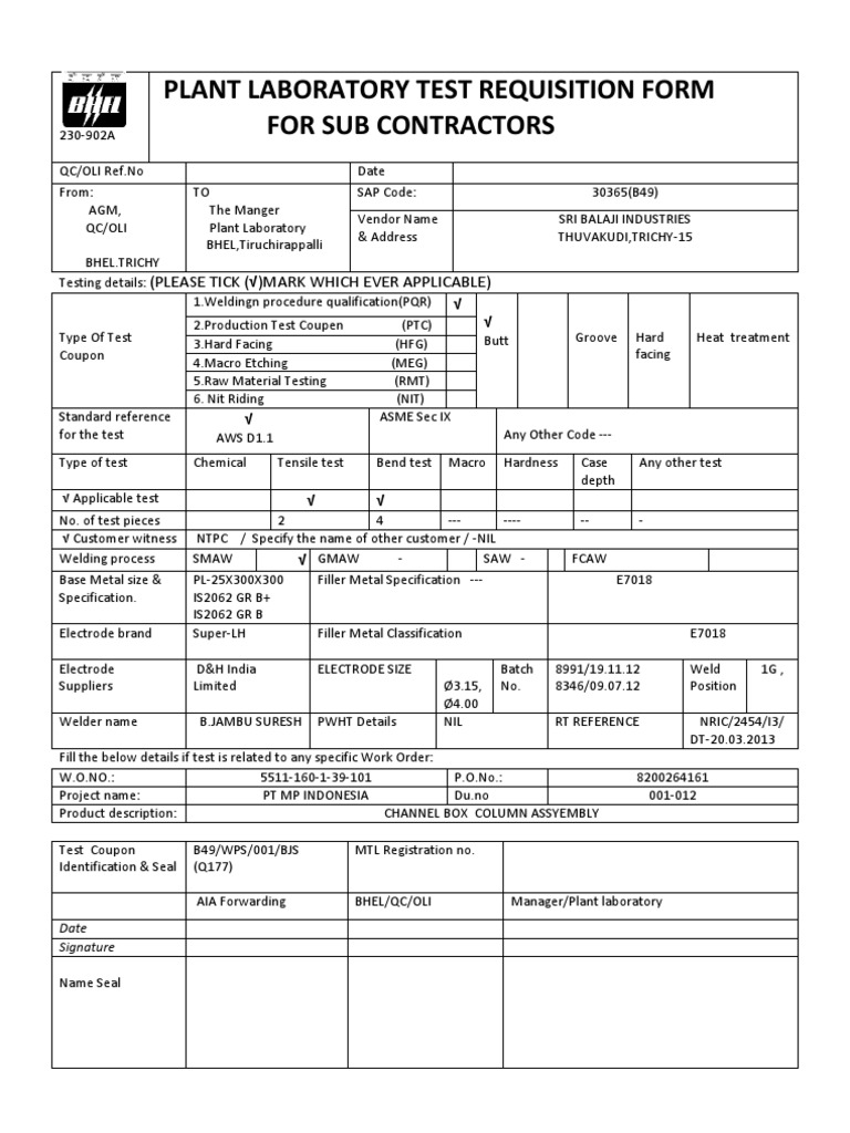 Plant Laboratory Test Requisition Form For Sub Contractors: (Please ...