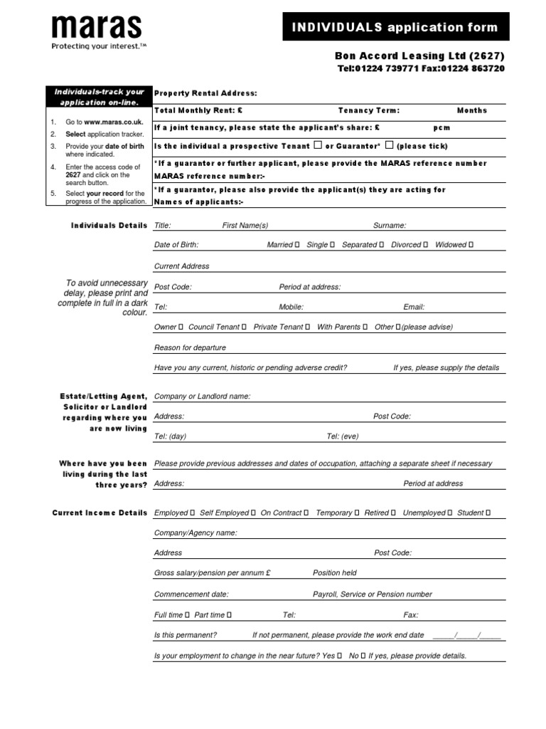 Bon Accord Individual Application Forms Leasehold Estate Landlord