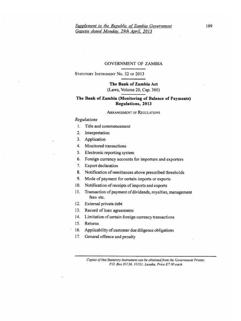Statutory Instrument No. 32 of 2013. The Bank of Zambia (Monitoring of ...