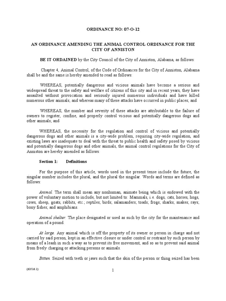 Anniston, Alabama Dangerous Dog Ordinance (Pit Bulls Declared "Vicious") PDF Pit Bull Leash