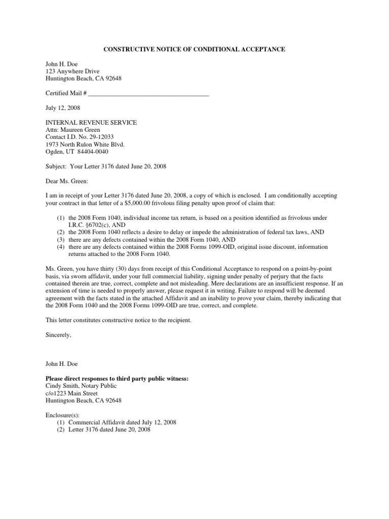 Conditional Acceptance of IRS Letter 3176 | PDF | Politics | Social Science
