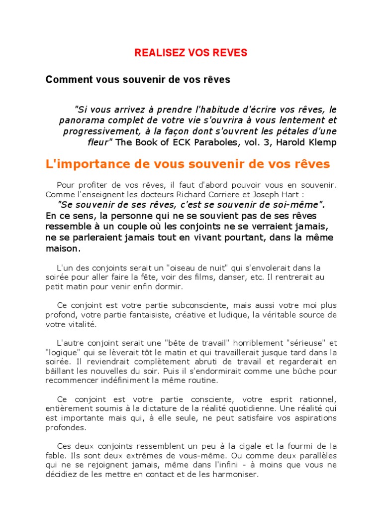 Se souvenir et réaliser vos rêves PDF Rêve Conscience — free download