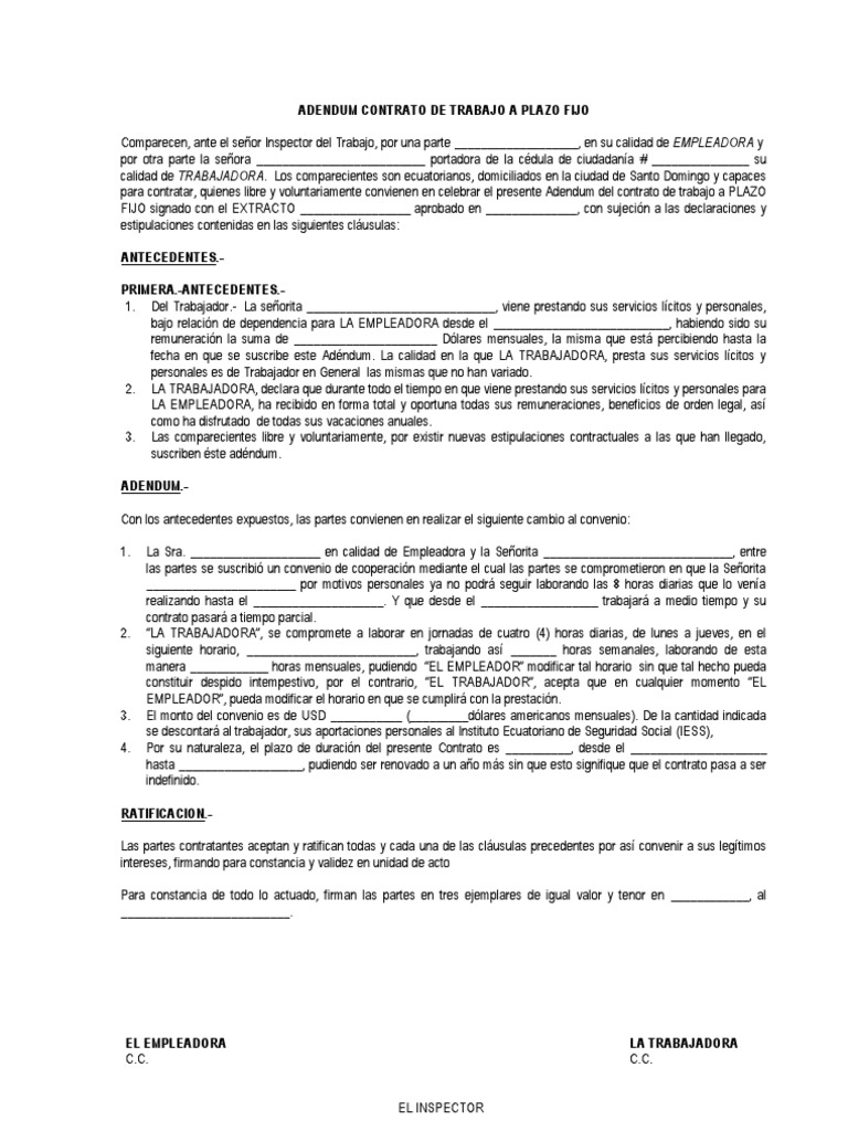 Adendum Contrato de Trabajo a Plazo Fijo