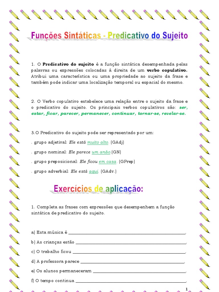 Atividades sobre Predicativo do Sujeito 7º Ano | PDF | Assunto (gramática)