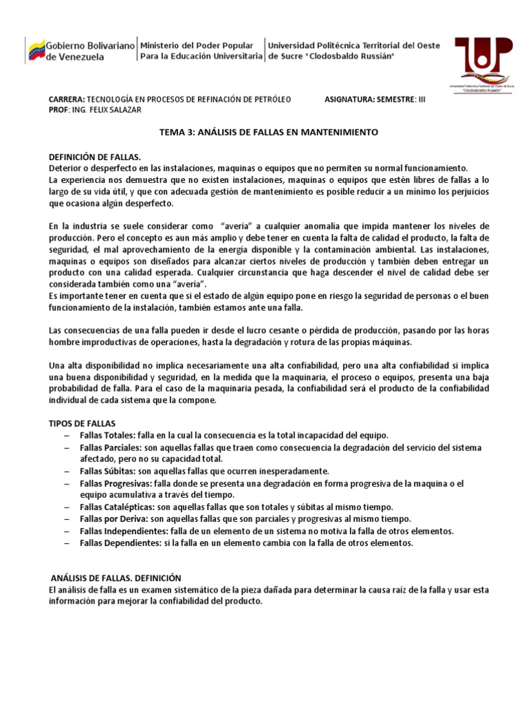 Tema 3 Análisis De Fallas En Mantenimiento Pdf Calidad Comercial