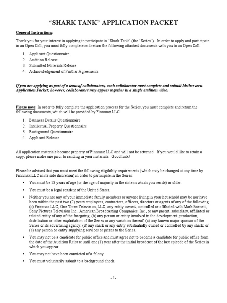 Shark Tank Application Packet | PDF | Arbitration | Indemnity