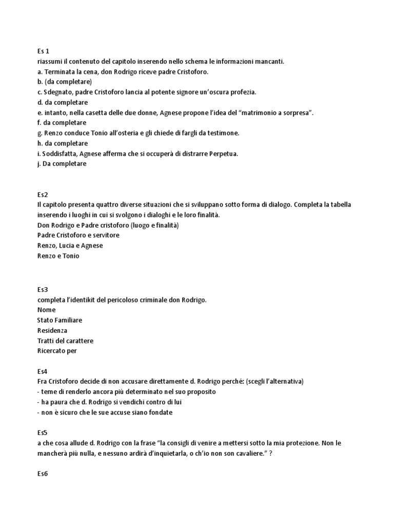 Esercizi Capitolo 6 Promessi Sposi PDF