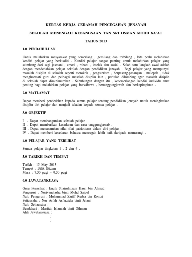 Kertas Kerja Ceramah Pencegahan Jenayah